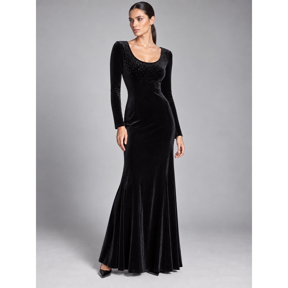 Black Velvet Embellished Long Sleeve Maxi Dress 10 Formal Evening Vtg 90s Glam